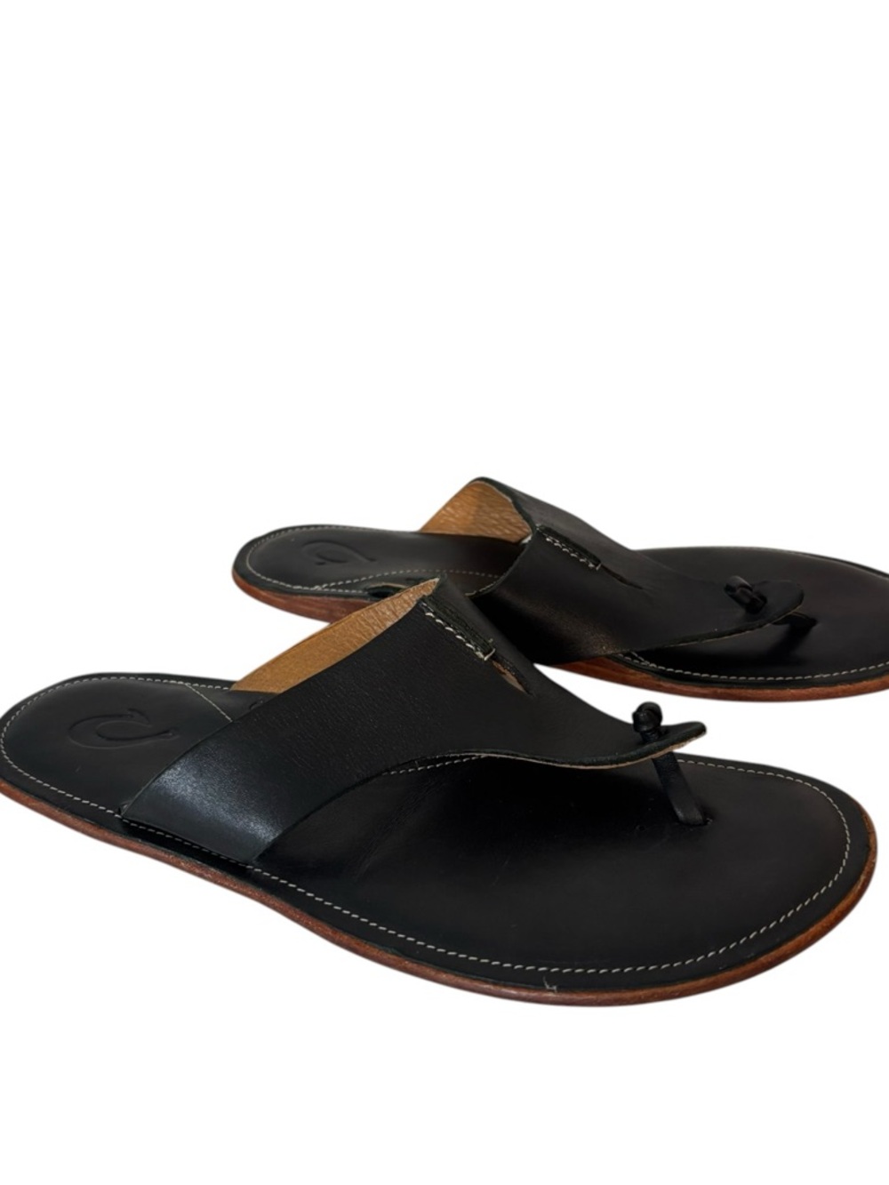 OluKai Black Leather Thong Sandals with Brown Outsole
